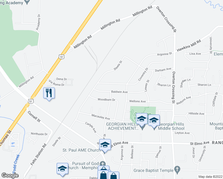 map of restaurants, bars, coffee shops, grocery stores, and more near 1834 Baldwin Avenue in Memphis