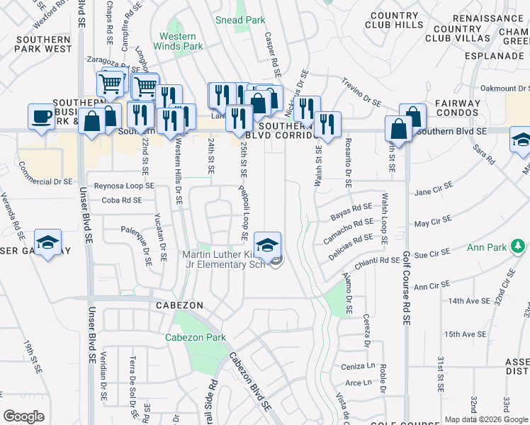 map of restaurants, bars, coffee shops, grocery stores, and more near 1205 26th Street Southeast in Rio Rancho