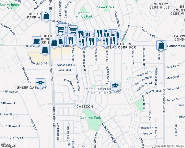 map of restaurants, bars, coffee shops, grocery stores, and more near 1117 Toscana Drive Southeast in Rio Rancho