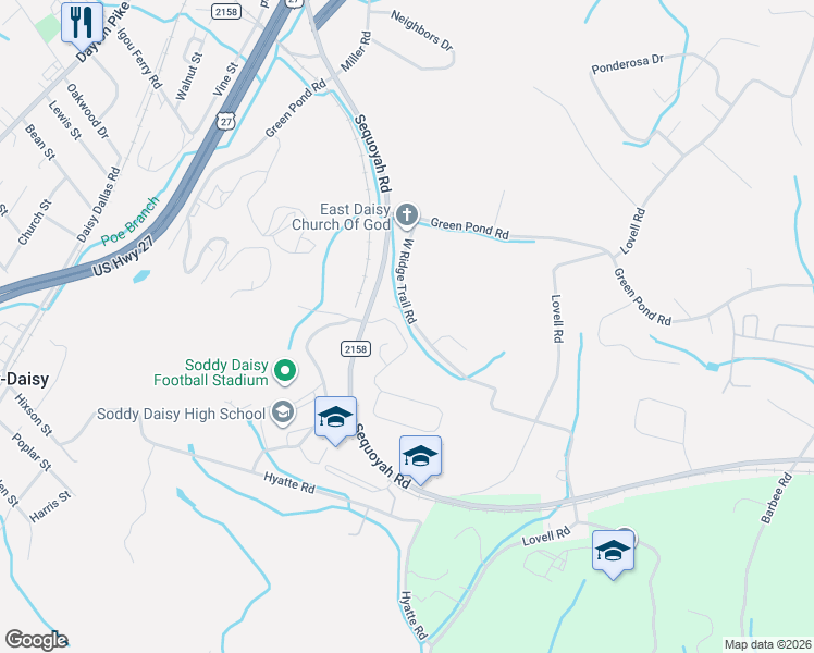 map of restaurants, bars, coffee shops, grocery stores, and more near 609 Sunset Valley Drive in Soddy-Daisy