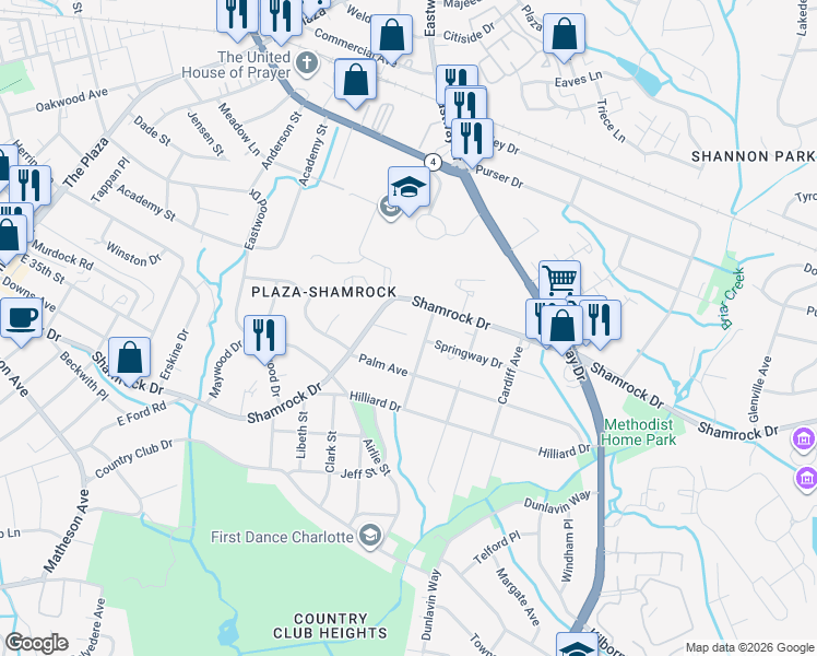map of restaurants, bars, coffee shops, grocery stores, and more near in Charlotte