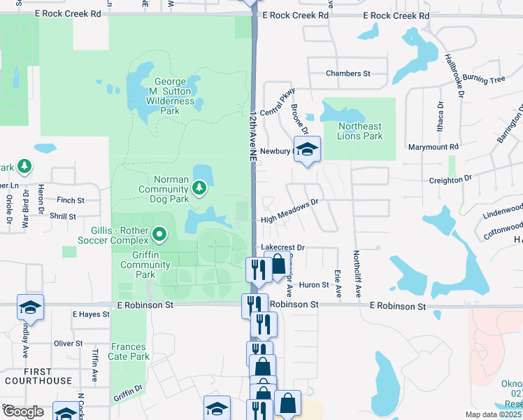 map of restaurants, bars, coffee shops, grocery stores, and more near 1624 High Circle in Norman