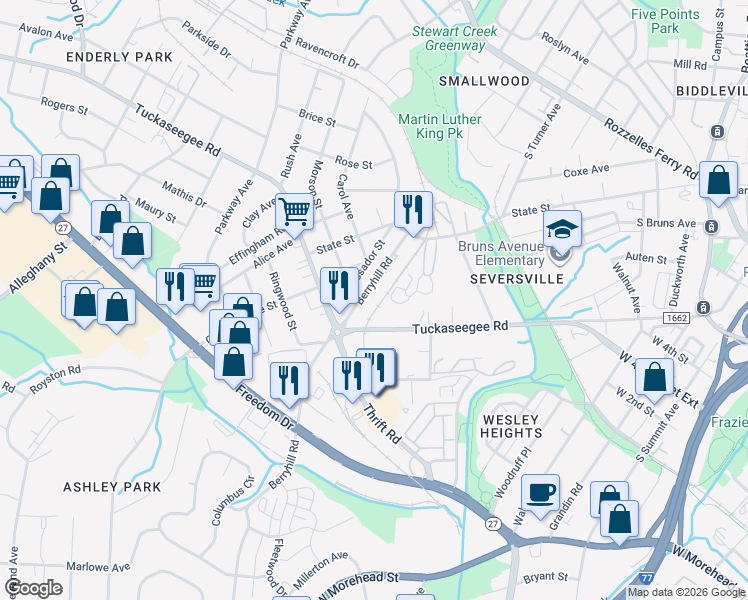 map of restaurants, bars, coffee shops, grocery stores, and more near 1041 Berryhill Road in Charlotte