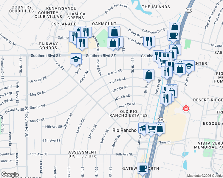 map of restaurants, bars, coffee shops, grocery stores, and more near 3512 32nd Circle Southeast in Rio Rancho