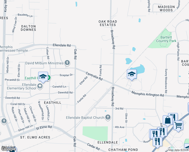 map of restaurants, bars, coffee shops, grocery stores, and more near 7206 Centralia Road in Memphis