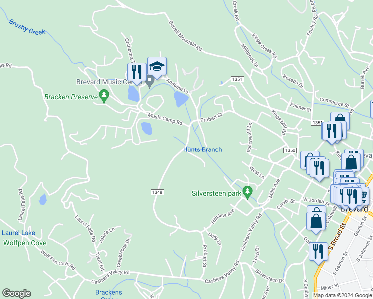 map of restaurants, bars, coffee shops, grocery stores, and more near 15 Pope Road in Brevard