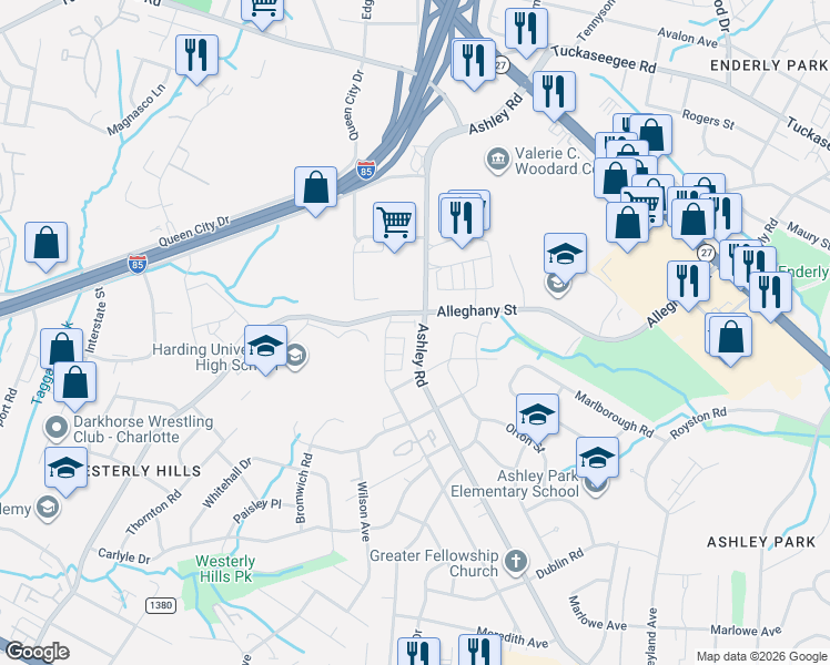 map of restaurants, bars, coffee shops, grocery stores, and more near in Charlotte