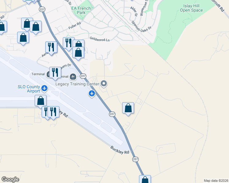map of restaurants, bars, coffee shops, grocery stores, and more near 4750 Allene Way in San Luis Obispo
