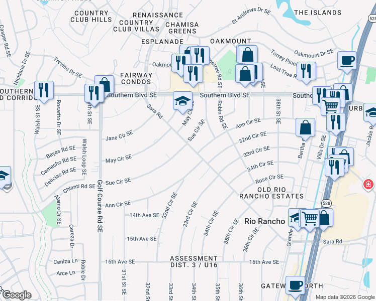 map of restaurants, bars, coffee shops, grocery stores, and more near 1313 Sara Road in Rio Rancho