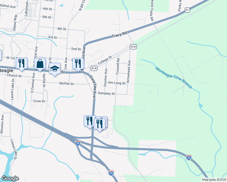 map of restaurants, bars, coffee shops, grocery stores, and more near 516 Lautzenheiser Place in Monteagle