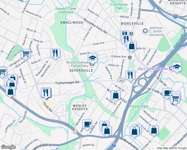 map of restaurants, bars, coffee shops, grocery stores, and more near 424 Woodvale Place in Charlotte