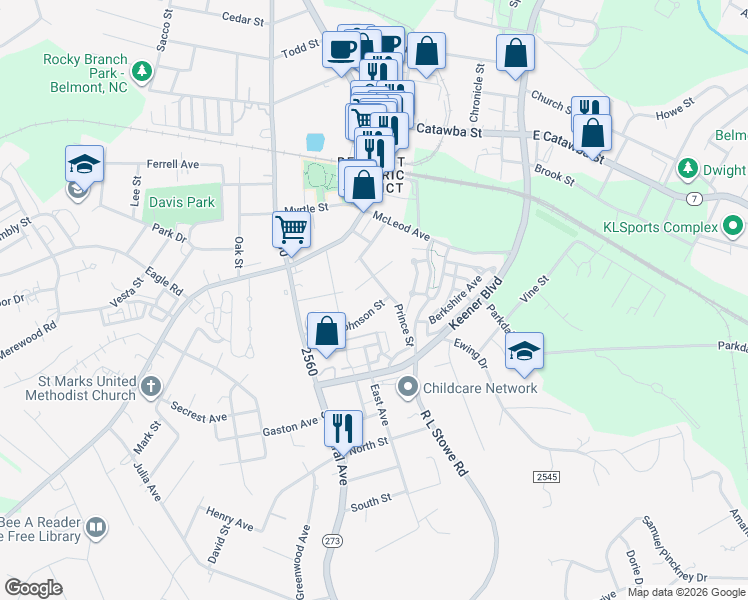 map of restaurants, bars, coffee shops, grocery stores, and more near 119 Prince Street in Belmont