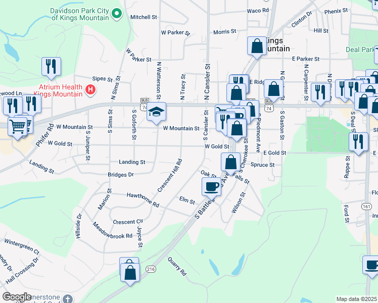 map of restaurants, bars, coffee shops, grocery stores, and more near 309 West Gold Street in Kings Mountain