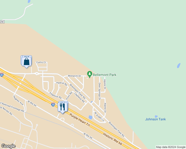 map of restaurants, bars, coffee shops, grocery stores, and more near 11440 Greenfield Drive in Bellemont