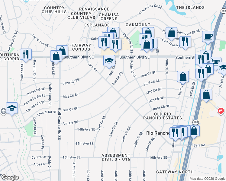 map of restaurants, bars, coffee shops, grocery stores, and more near 1313 Sara Road in Rio Rancho