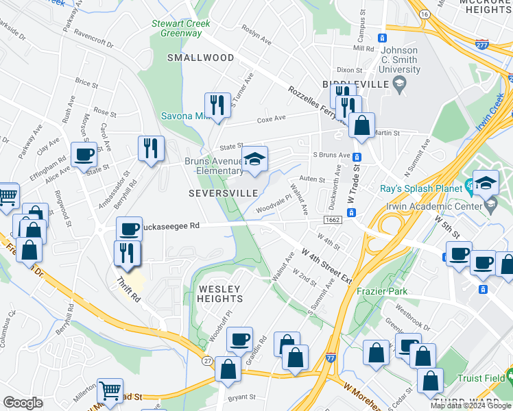 map of restaurants, bars, coffee shops, grocery stores, and more near 208 Tuckaseegee Road in Charlotte