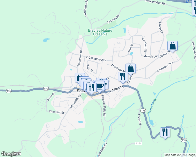map of restaurants, bars, coffee shops, grocery stores, and more near Charles Street in Saluda