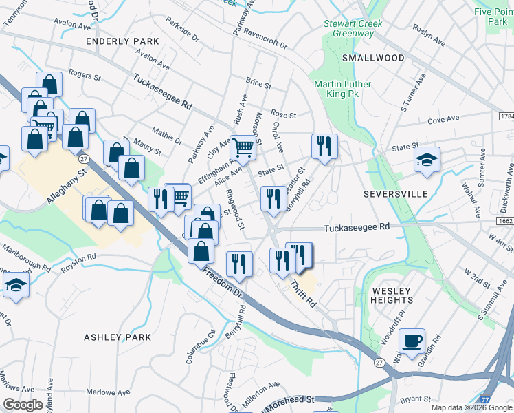 map of restaurants, bars, coffee shops, grocery stores, and more near 2515 Tuckaseegee Road in Charlotte