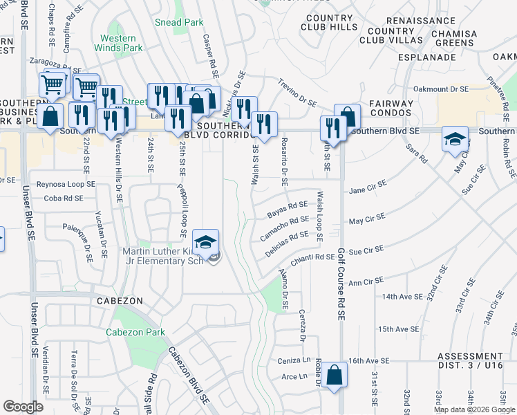 map of restaurants, bars, coffee shops, grocery stores, and more near 1213 Walsh Street Southeast in Rio Rancho