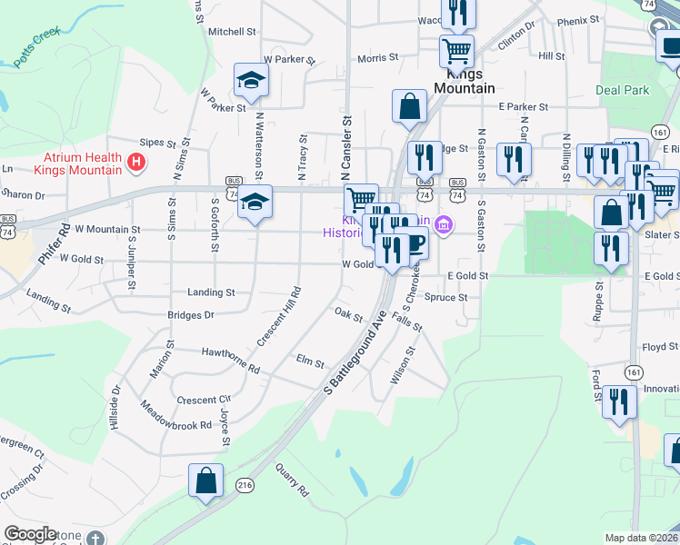 map of restaurants, bars, coffee shops, grocery stores, and more near 208 West Gold Street in Kings Mountain