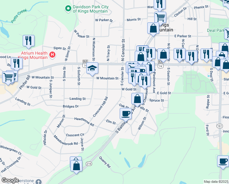 map of restaurants, bars, coffee shops, grocery stores, and more near 309 W Gold St in Kings Mountain