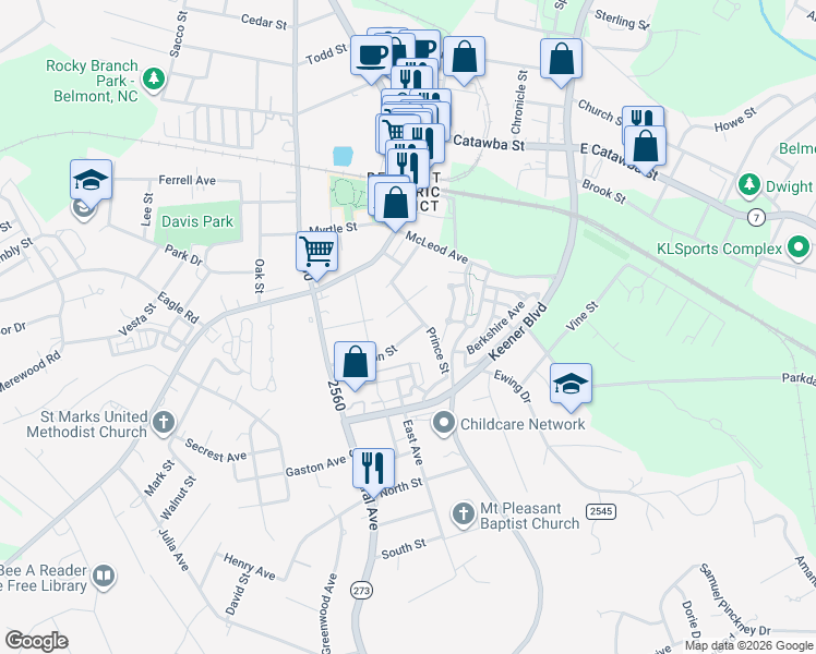 map of restaurants, bars, coffee shops, grocery stores, and more near 119 Prince Street in Belmont