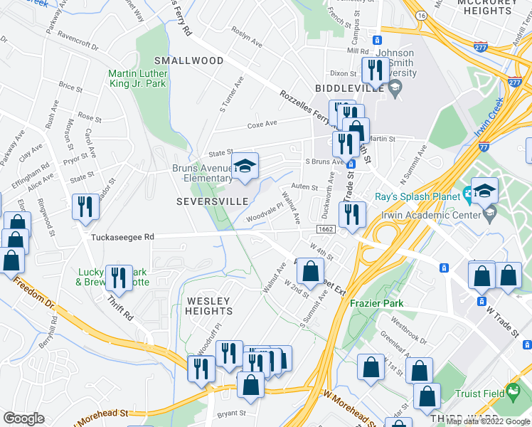 map of restaurants, bars, coffee shops, grocery stores, and more near Woodvale Place in Charlotte
