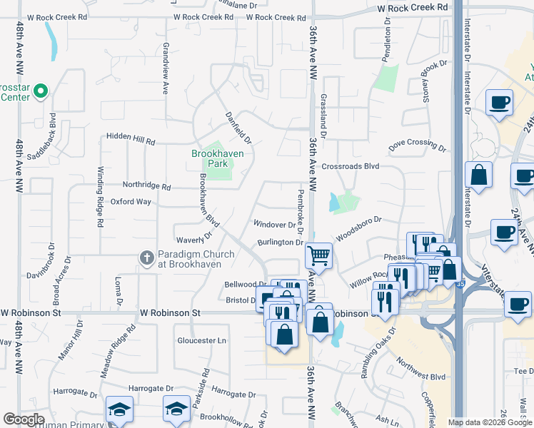 map of restaurants, bars, coffee shops, grocery stores, and more near 3720 Barwick Ct in Norman