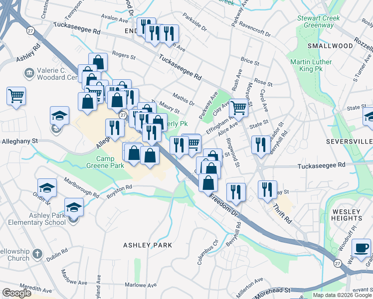 map of restaurants, bars, coffee shops, grocery stores, and more near 1522 Effingham Road in Charlotte