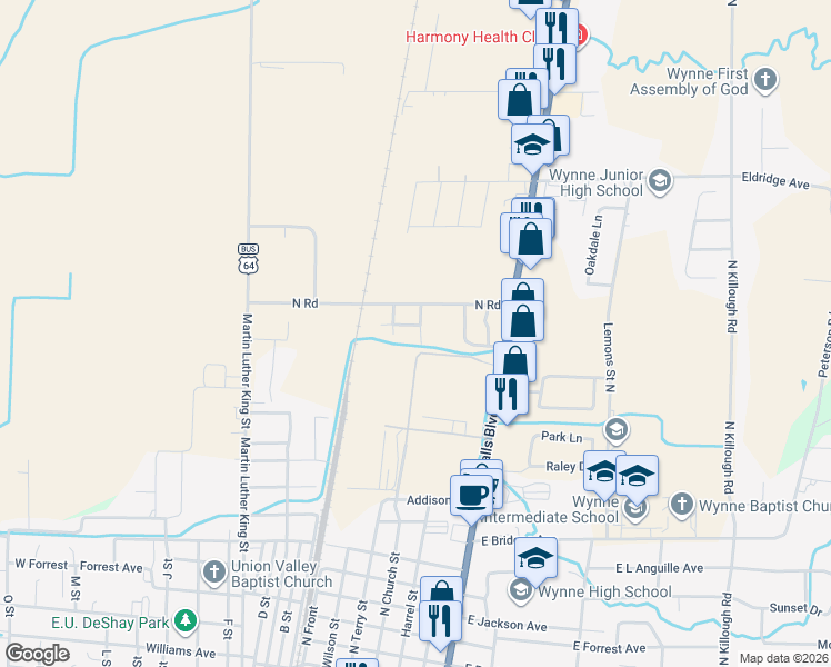 map of restaurants, bars, coffee shops, grocery stores, and more near 225 Fitzgerald Avenue in Wynne