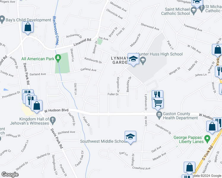 map of restaurants, bars, coffee shops, grocery stores, and more near 1816 Taylor Drive in Gastonia