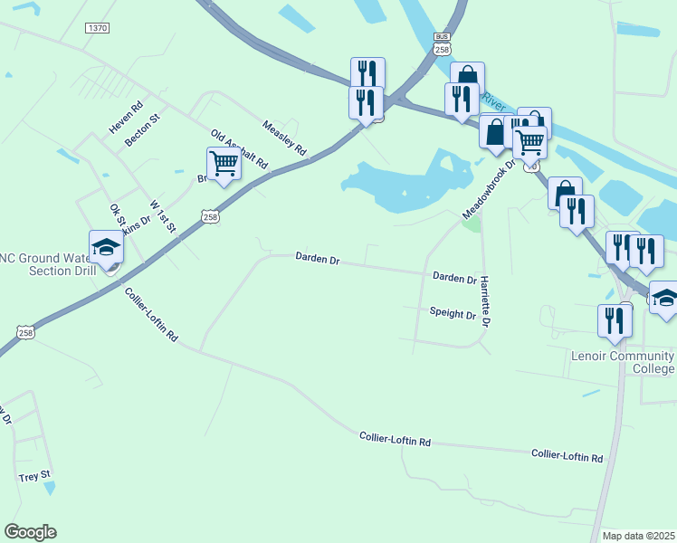 map of restaurants, bars, coffee shops, grocery stores, and more near 513 Darden Drive in Kinston