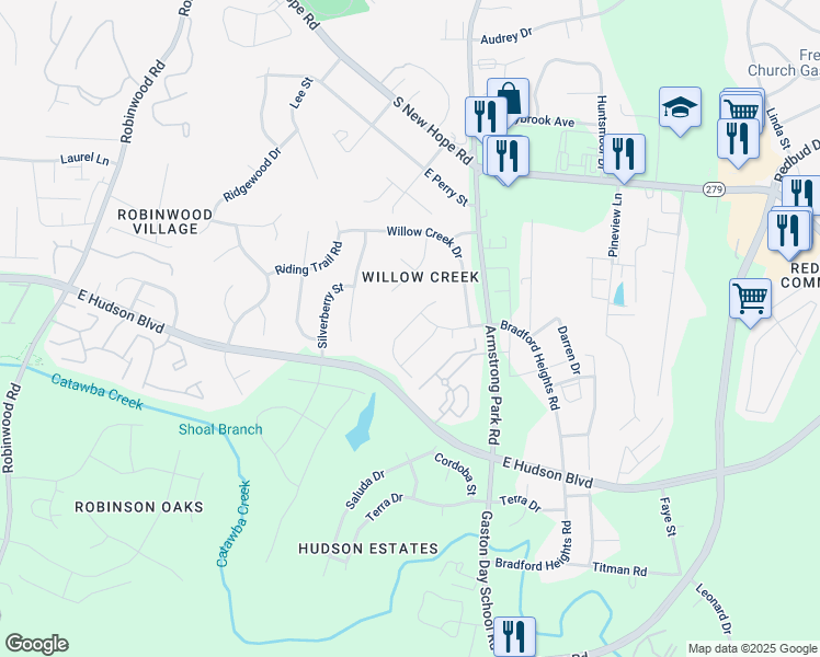 map of restaurants, bars, coffee shops, grocery stores, and more near 1000 Willow Wind Drive in Gastonia