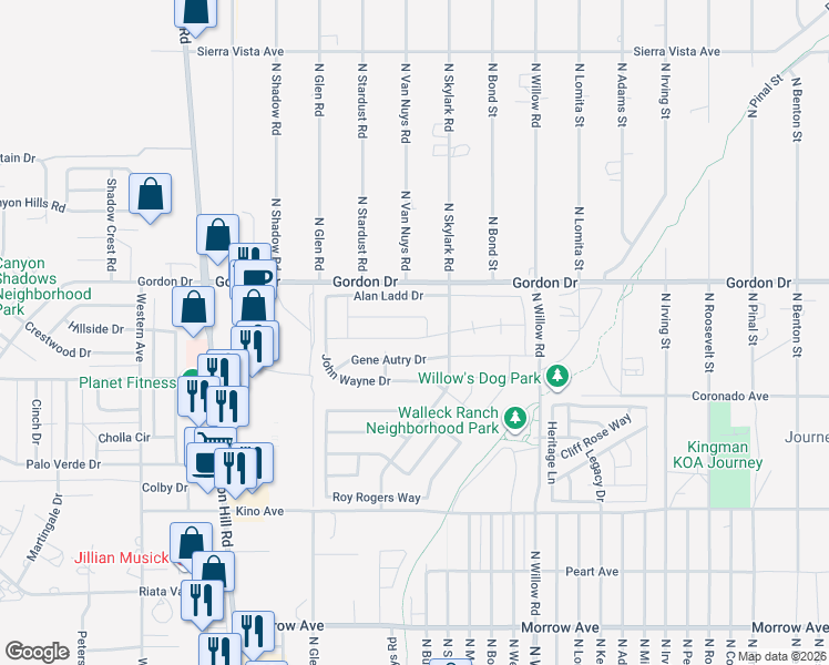 map of restaurants, bars, coffee shops, grocery stores, and more near 2048 Robert Mitchum Drive in Kingman
