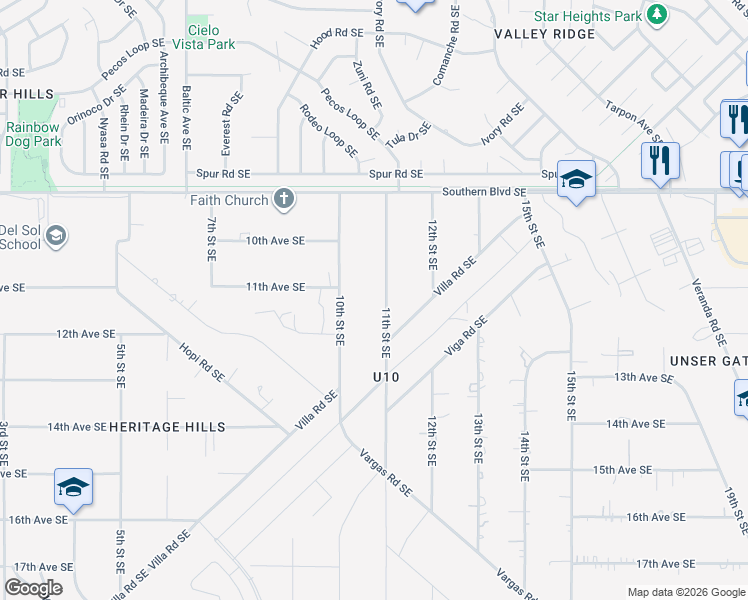 map of restaurants, bars, coffee shops, grocery stores, and more near 1208 10th Street Southeast in Rio Rancho