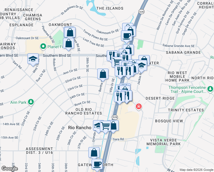 map of restaurants, bars, coffee shops, grocery stores, and more near 3910 Villa Way Southeast in Rio Rancho