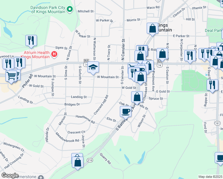 map of restaurants, bars, coffee shops, grocery stores, and more near 309 West Gold Street in Kings Mountain