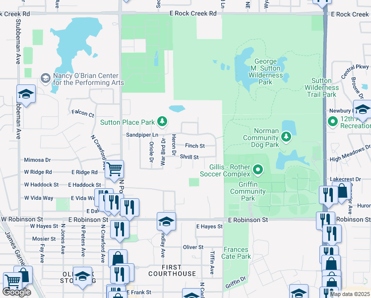 map of restaurants, bars, coffee shops, grocery stores, and more near 412 Finch Street in Norman