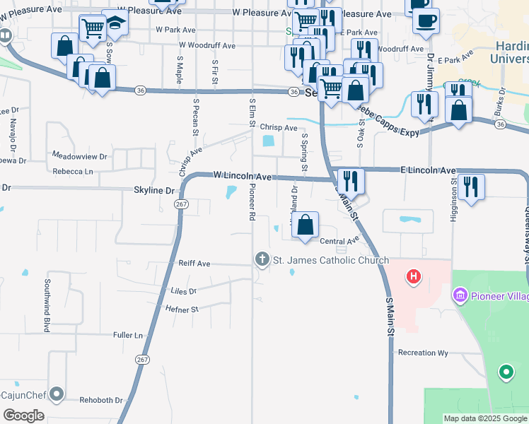 map of restaurants, bars, coffee shops, grocery stores, and more near 1012 1/2 Pioneer Road in Searcy