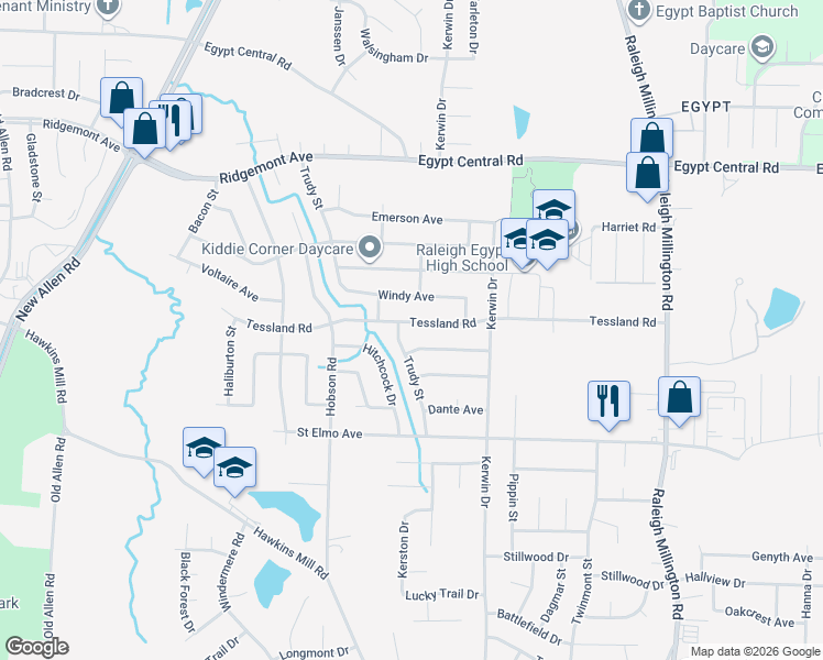 map of restaurants, bars, coffee shops, grocery stores, and more near 3845 Tessland Road in Memphis