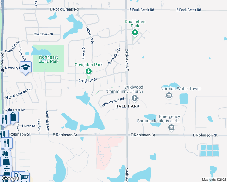 map of restaurants, bars, coffee shops, grocery stores, and more near 2309 Lindenwood Lane in Norman