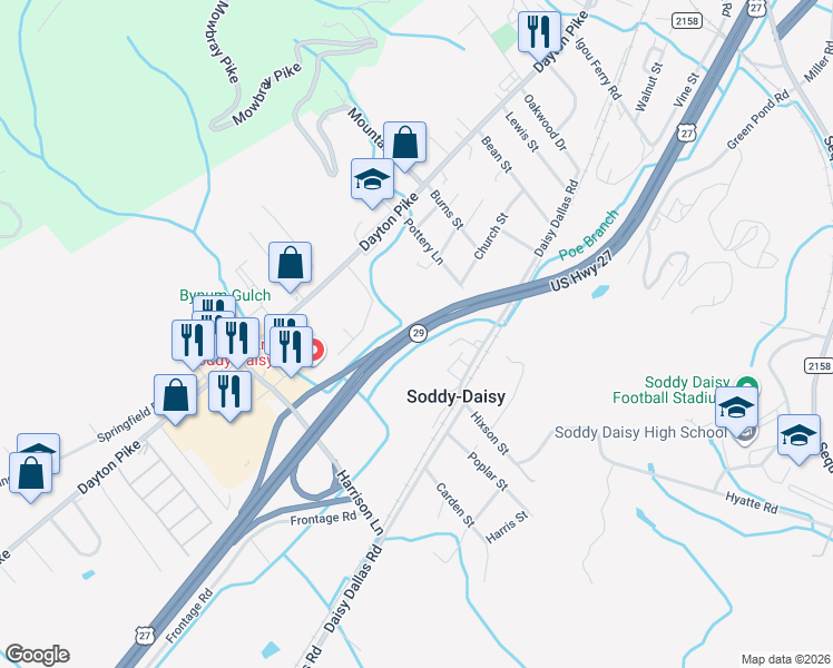 map of restaurants, bars, coffee shops, grocery stores, and more near Tennessee 29 in Soddy-Daisy