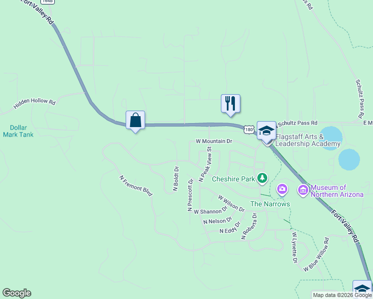 map of restaurants, bars, coffee shops, grocery stores, and more near 3612 West Mountain Drive in Flagstaff