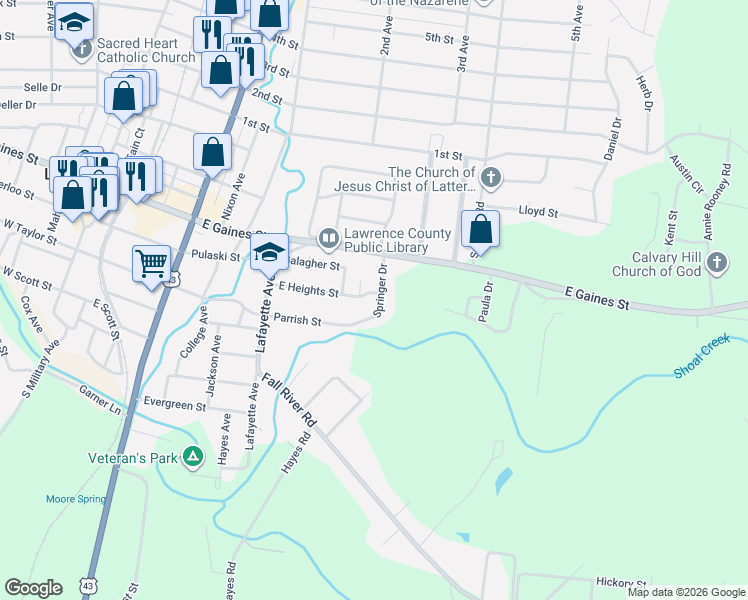 map of restaurants, bars, coffee shops, grocery stores, and more near 107 Springer Drive in Lawrenceburg