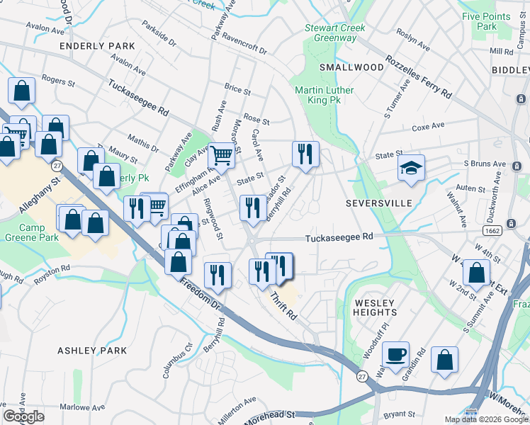 map of restaurants, bars, coffee shops, grocery stores, and more near in Charlotte