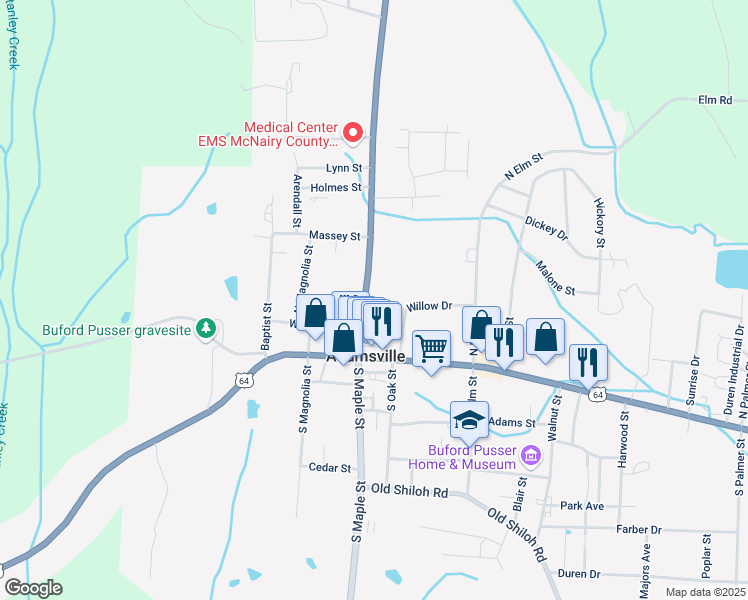 map of restaurants, bars, coffee shops, grocery stores, and more near 212 North Maple Street in Adamsville