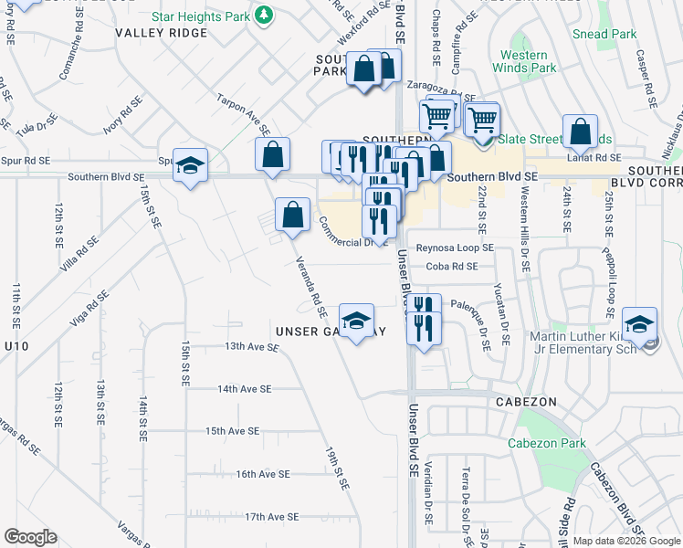 map of restaurants, bars, coffee shops, grocery stores, and more near 1866 11th Avenue Southeast in Rio Rancho