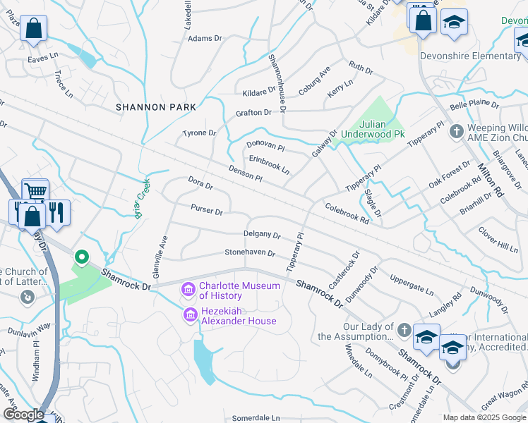 map of restaurants, bars, coffee shops, grocery stores, and more near 3901 Foxford Place in Charlotte