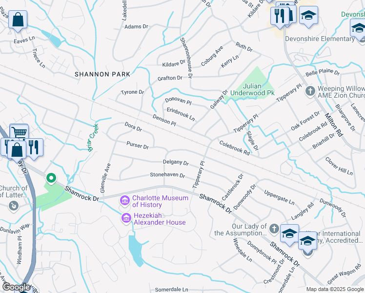 map of restaurants, bars, coffee shops, grocery stores, and more near 3901 Foxford Pl in Charlotte