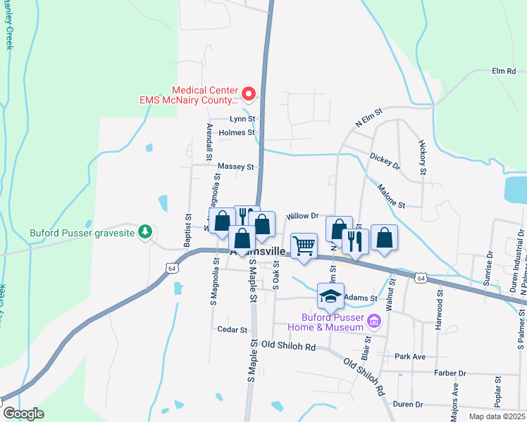 map of restaurants, bars, coffee shops, grocery stores, and more near 212 North Maple Street in Adamsville